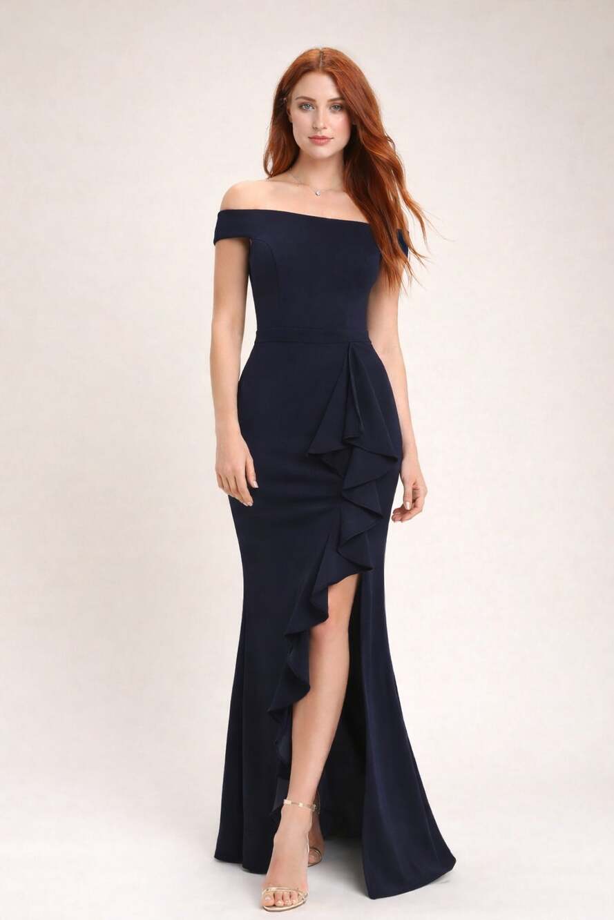 Lulus Mila Navy Blue Ruffled Off-the-Shoulder Maxi Dress Womens Size Small New